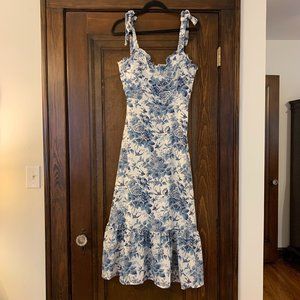 Peiran Blue White Floral Midi Tie Dress L